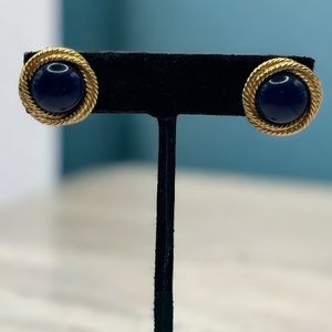 Vintage NAPIER Button Blue Cabochon & Gold Tone Rope Bezel Earrings Pierced